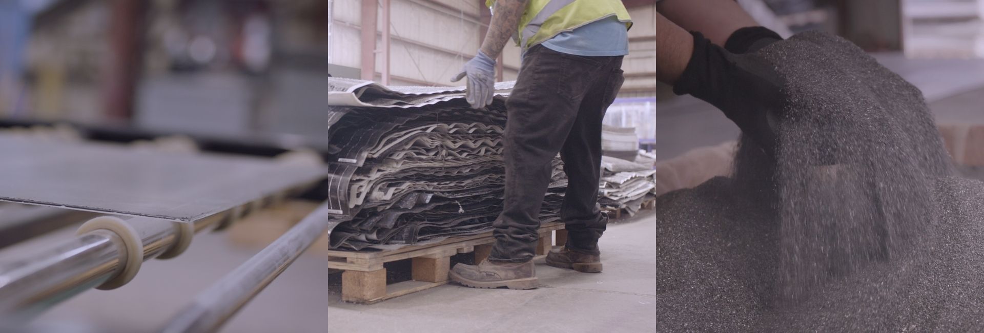Banner image with three photos illustrating the solar panel recycling process from ENGIE and SOLARCYCLE’s precycling collaboration. The first photo shows stacks of decommissioned solar panels. The second displays shredded solar material, representing the breakdown stage. The third photo shows refined metal powder, highlighting recovered materials ready to reenter the clean energy supply chain.