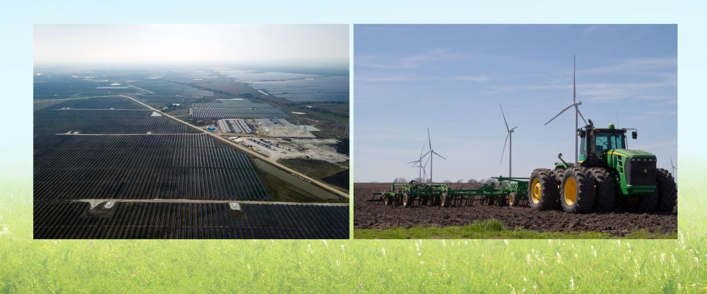 Two images of a wind farm and solar farm developed by ENGIE North America.